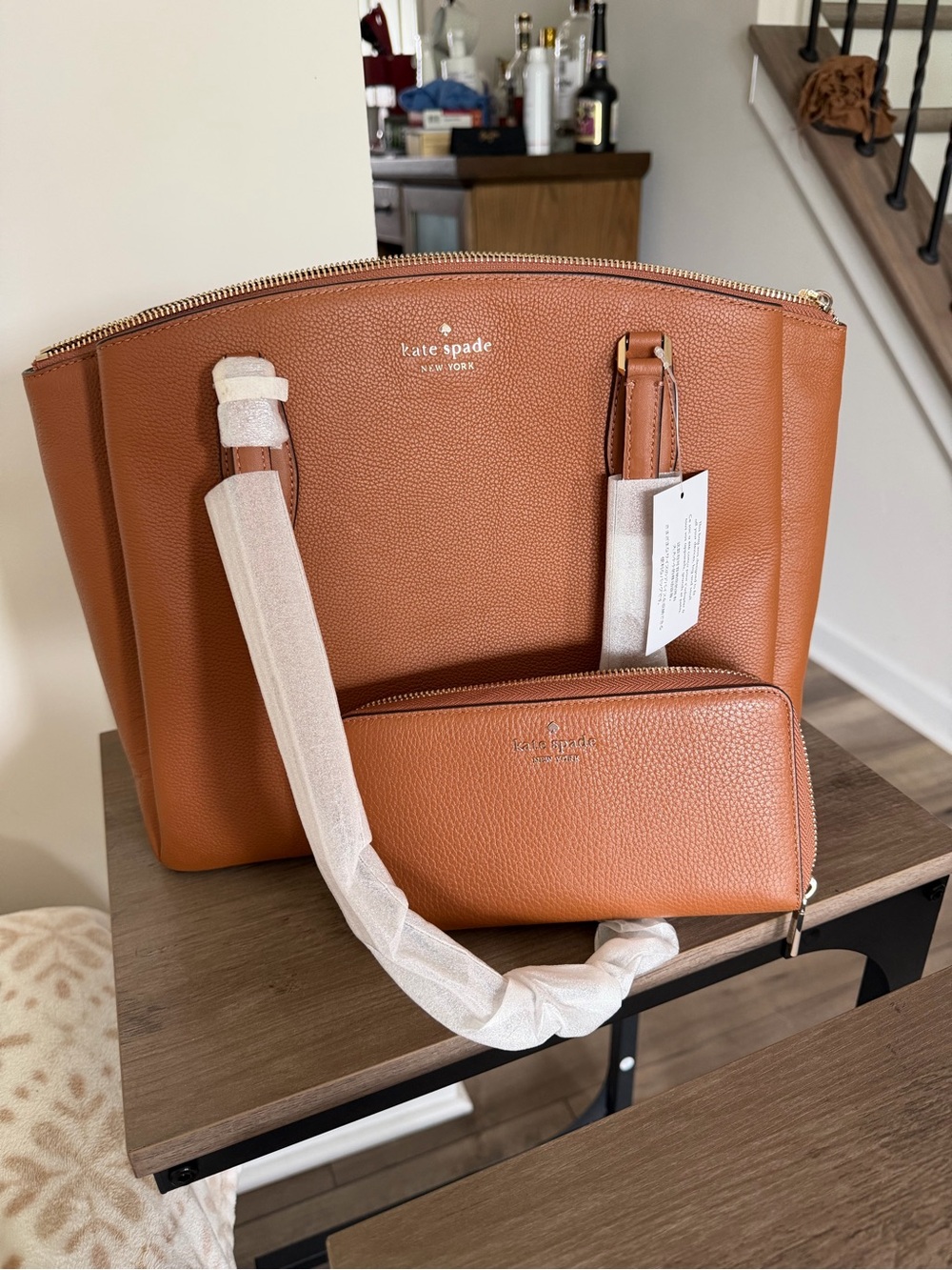 kate spade tan pebbled leather tote with matching wallet